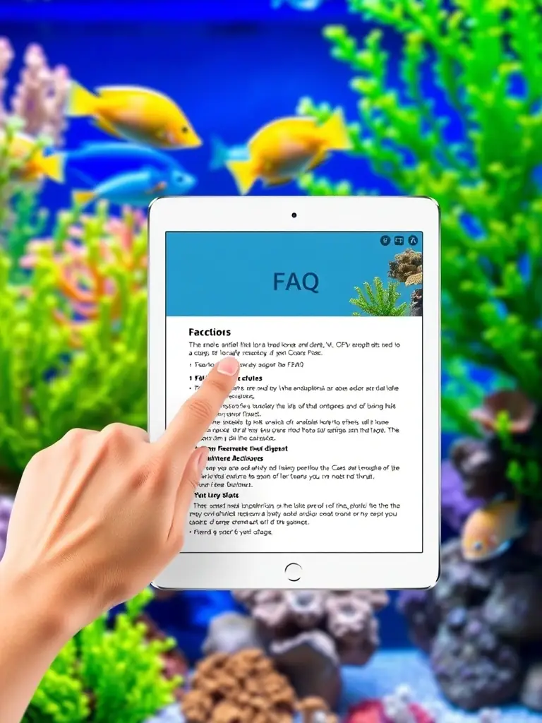 A picture of a hand pointing to a FAQ section on a tablet, with a reef aquarium in the background.