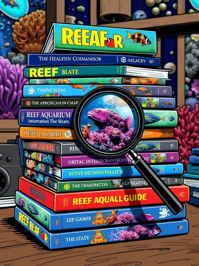 A picture of a diverse collection of reef aquarium books and guides, with a magnifying glass highlighting one of the books.