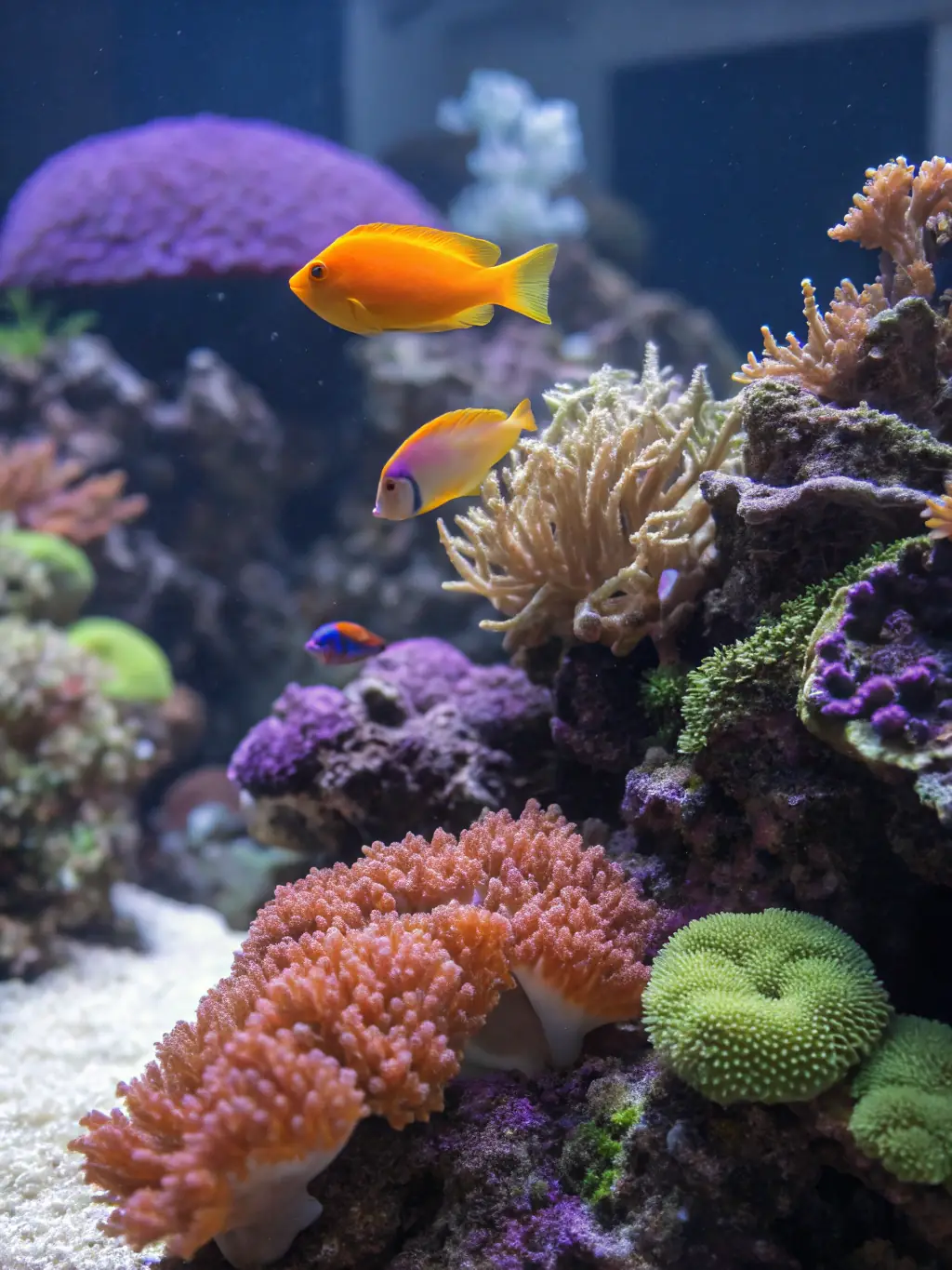 A photo of a beginner reef keeper looking at their aquarium with a concerned expression, suggesting they need help. The aquarium should be well-lit and contain a variety of corals and fish.